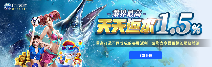 OT運寶娛樂城提供業界最高1.5%返水回饋，介紹不同VIP等級享有的專屬優惠。